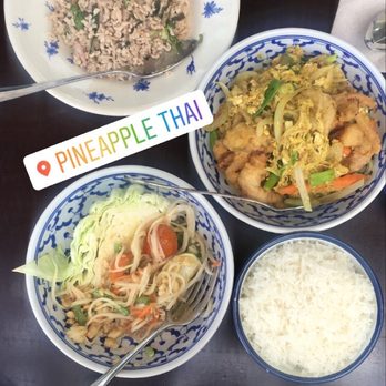 Pineapple Thai - Pork larb, crab meat and papaya salad (shrimps devoured prior to photo being taken) - Thai Near Me - Cupertino, California Pineapple Thai - Pork larb, crab meat and papaya salad (shrimps devoured prior to photo being taken) - Thai Near Me - Cupertino, California