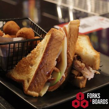 Forks & Boards - Quarter Pound Turkey Breast, Provolone Cheese, thin sliced Green Apples, Bacon and Hot Pepper Jam, and a slice of thick cut Canadian Bacon. - American Near Me - Phoenix, Arizona Forks & Boards - Quarter Pound Turkey Breast, Provolone Cheese, thin sliced Green Apples, Bacon and Hot Pepper Jam, and a slice of thick cut Canadian Bacon. - American Near Me - Phoenix, Arizona