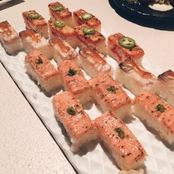 Minami - Middle: Mackerel oishi sushi topped w/ miso sauce $16 Bottom: Ebi (shrimp) oishi sushi topped w/ lime zest and ume sauce $17 - Japanese Near Me - Vancouver, British Columbia