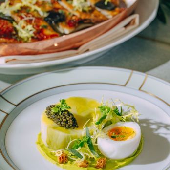 Fleurette - duck egg, golden kaluga caviar, sauce ravigote - French Near Me - San Diego, California Fleurette - duck egg, golden kaluga caviar, sauce ravigote - French Near Me - San Diego, California