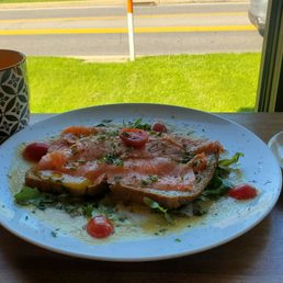 Lox platter with hashbrown casserole and coffee