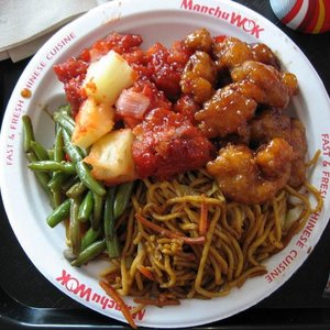 Photo of Manchu Wok - Charlotte, NC, United States. Sweet and sour pork, General Tso's chicken, lo mein (photographed by Dave H)