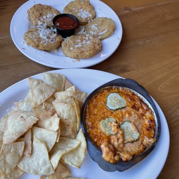 Toccoa Riverside Restaurant - Appetizers pimento cheese bake with homemade chips & fried green tomatoes - Seafood Near Me - Blue Ridge, Georgia Toccoa Riverside Restaurant - Appetizers pimento cheese bake with homemade chips & fried green tomatoes - Seafood Near Me - Blue Ridge, Georgia