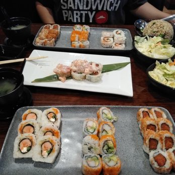 Fukuda - Tiger eye roll, California roll, spicy tuna roll, lava roll, fried rice, salad and miso soup - Japanese Near Me - The Woodlands, Texas