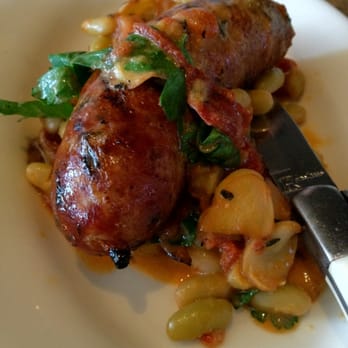 Gjelina - Wild boar sausage, beans, oyster mushrooms, roasted tomato - New American Near Me - Venice, California Gjelina - Wild boar sausage, beans, oyster mushrooms, roasted tomato - New American Near Me - Venice, California