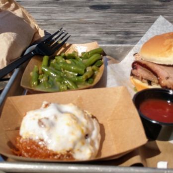 Black's Barbecue Austin - Lean brisket sandwich, green beans, and sweet potato casserole. - Barbeque Near Me - Austin, Texas