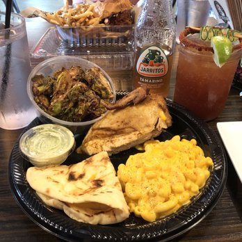 The Chicken Koop - 1/4 roasted chicken with mac n cheese, brussel sprouts, green sauce, and koop michelada - New American Near Me - Whittier, California The Chicken Koop - 1/4 roasted chicken with mac n cheese, brussel sprouts, green sauce, and koop michelada - New American Near Me - Whittier, California