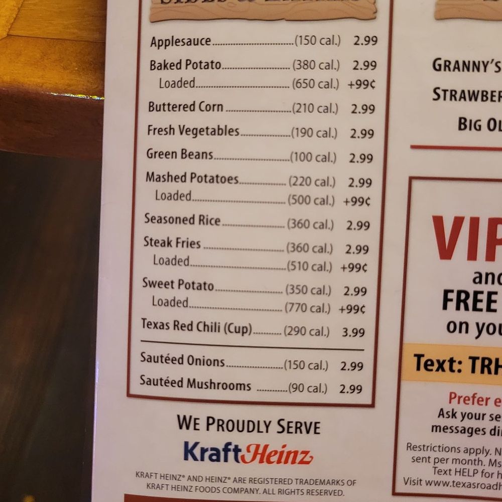 Texas Roadhouse - The menu had all the calories detail if you are interested in tracking your calories intake. - Steakhouses Near Me - Manchester, Connecticut Texas Roadhouse - The menu had all the calories detail if you are interested in tracking your calories intake. - Steakhouses Near Me - Manchester, Connecticut