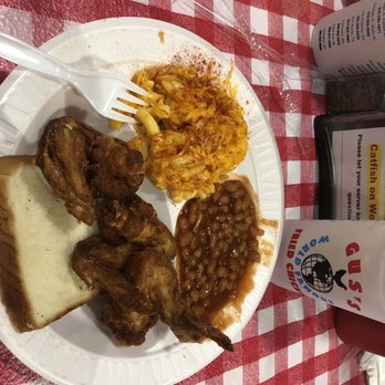 Gus's World Famous Fried Chicken - 3 wing plate with beans and Mac and cheese - Chicken Shop Near Me - Chamblee, Georgia Gus's World Famous Fried Chicken - 3 wing plate with beans and Mac and cheese - Chicken Shop Near Me - Chamblee, Georgia