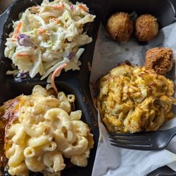 Talk of the Mountain Crab Cakes and more - Crab cake platter with hush puppies, smoked mac & cheese, and Soul Slaw.  Fantastic!  Loved every bite. Go get this NOW!