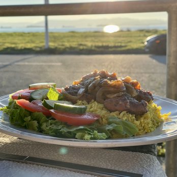 Abigail's Moroccan Cuisine - Saffron Rice with Kefta & Caramelized Onions $11.50 with the bay view on the back - Moroccan Near Me - Alameda, California