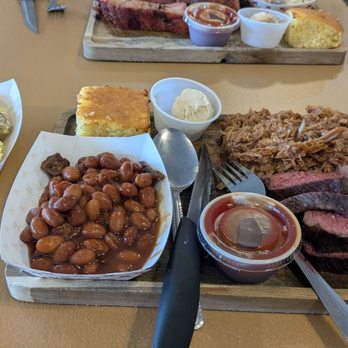 Brittons BBQ - Tri tip and pulled pork with beans, potato salad. And cornbread - Barbeque Near Me - Anderson, California