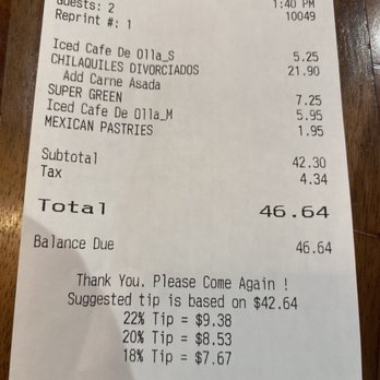Cafe De Olla - Final bill.. Crazy how that one plate was $21.90.. - American Near Me - Monrovia, California