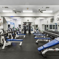 Mussel Beach Fitness Club - Strength-training floor with dumbbells, adjustable benches, plate-loaded equipment, racks, and benches.