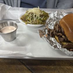 Brisket sandwich and Brussel sprout hash.