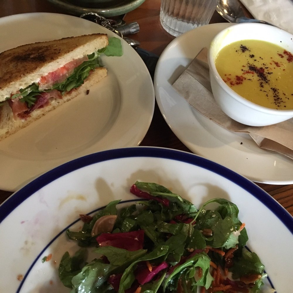 BlueBelle Bistro - Left-BLT on Kaslo sourdough, Right-mango coconut corn Bottom-seedy salad. Yum yum yum - Bistros Near Me - Kaslo, British Columbia