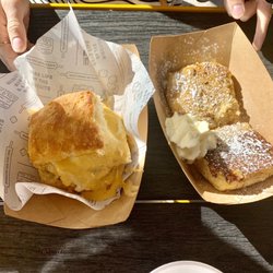 The Biscuit Bar - Sausage egg and cheese biscuit and French toast biscuit