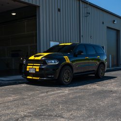 Wrap Lab - 2020 Dodge Durango R/T received 3M sunflower yellow racing stripes as well as handle and fender decals