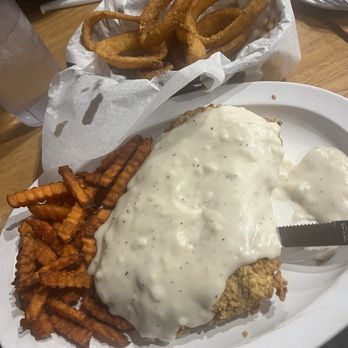 New York Hill Restaurant - Chicken fried steak with 2 sides (sweet potato fries & onion rings) - New American Near Me - Thurber, Texas