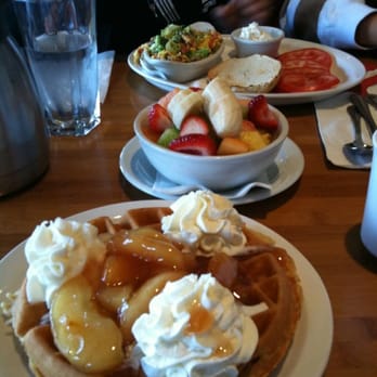 Stacks - From the back, Beater's Scramble, a bowl of Fruit, and Belgian Waffle with Cinnamon Apples - Breakfast & Brunch Near Me - Redwood City, California