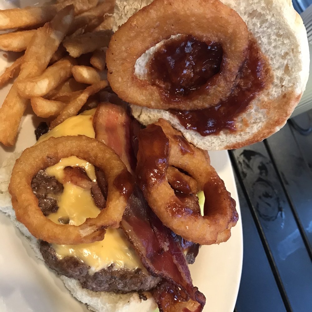 The Red Pine Cone - a burger with onion rings - Pizza Near Me - South Colton, New York