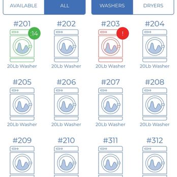 SpinZone Laundry - List of all machines and its status - The image shows a digital laundry machine status screen from SpinZone Laundry in Austin, TX. It lists several washing machines with their respective numbers, capacities, and current status indicators. One machine (#203) has a red warning icon, while another (#201) has a green icon indicating availability. The interface includes navigation options for locations, active machines, quick start, and settings, along with a prompt to download the app. The business categories include laundry and related services. - Laundromat Near Me - Austin, Texas