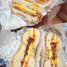 Bacon, Egg, and Cheese & Sausage, Egg, and Cheese on everything bagels Bacon, Egg, and Cheese & Sausage, Egg, and Cheese on everything bagels