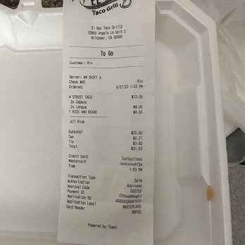 El Rey Taco Grill - Wildomar - Receipt - Mexican Near Me - Wildomar, California