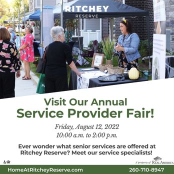 Ritchey Reserve Senior Living - Service Provider Fair on Aug. 12 10:00-2:00 - Retirement Homes Near Me - Fishers, Indiana Ritchey Reserve Senior Living - Service Provider Fair on Aug. 12 10:00-2:00 - Retirement Homes Near Me - Fishers, Indiana