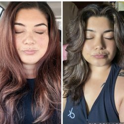 Simply Nice Salon - Front view of box red to blended partial highlights and added layers.