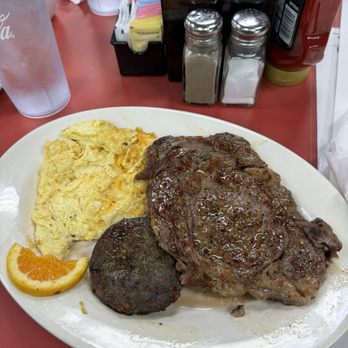 Hometown Diner - Ribeye steak and eggs with a side of sausage patty - American Near Me - Portsmouth, Virginia Hometown Diner - Ribeye steak and eggs with a side of sausage patty - American Near Me - Portsmouth, Virginia