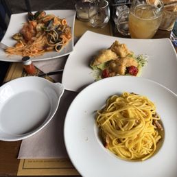 Seafood spaghetti, carbonara, and fried cod fillet! Seafood spaghetti, carbonara, and fried cod fillet!