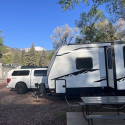 Pikes Peak RV Park - Our trailer at our site with a view of pikes Peak
