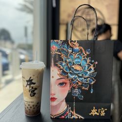 BenGong’s Tea - Jasmine boba milk tea and takeaway bag