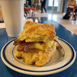 Mobtown Ballroom and Cafe - Breakfast sandwich: bacon, egg, and cheese biscuit. Coffee