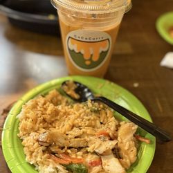 CoCoCurry - Build Your Own Curry-Panang curry with chicken breast, medium boiled egg, jasmine rice and Thai tea with coconut milk.