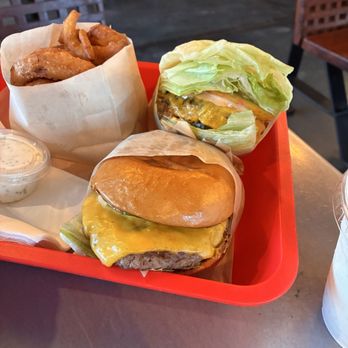 Gami Burger - Single patty with caramelized onions, tomatoes, lettuce, pickles, and gami sauce, onion rings with ranch - Burgers Near Me - Carmichael, California