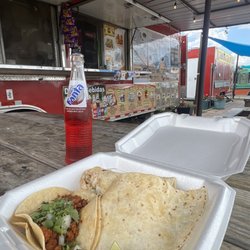 Taqueria Leos - Chorizo taco, pollo quesadilla, and strawberry Fanta