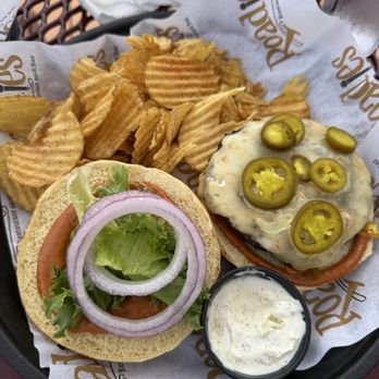 Roadies Restaurant and Bar - Spicy Burger with chips - American Near Me - Jim Thorpe, Pennsylvania Roadies Restaurant and Bar - Spicy Burger with chips - American Near Me - Jim Thorpe, Pennsylvania