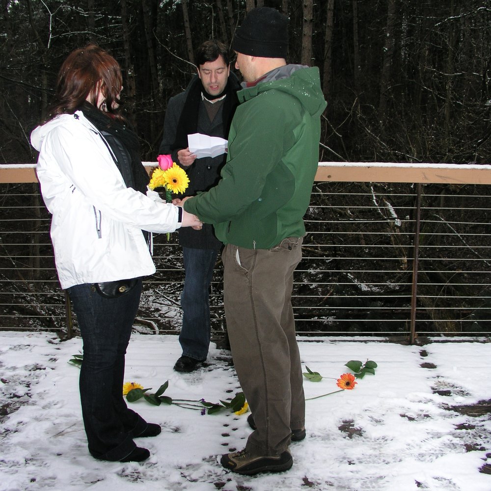 I married my brother and his wife here on the deck at Reservoir Woods during the last snowfall of the season in April, 2011. I married my brother and his wife here on the deck at Reservoir Woods during the last snowfall of the season in April, 2011.