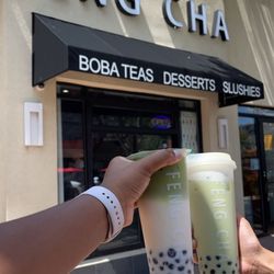Left: Matcha tea Late with tapioca pearls Right: Matcha tea late with tapioca pearls and cheese foam on top