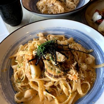 Wasuta Pasta - Fettucine Uni Scallop Cream and Mentaiko Spaghetti in the back - Japanese Near Me - Richmond, British Columbia Wasuta Pasta - Fettucine Uni Scallop Cream and Mentaiko Spaghetti in the back - Japanese Near Me - Richmond, British Columbia