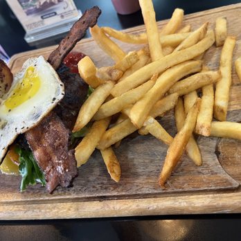 Dannys Corner Kitchen - Bacon Bacon Burger with fried egg and fries - Burgers Near Me - Tarzana, California Dannys Corner Kitchen - Bacon Bacon Burger with fried egg and fries - Burgers Near Me - Tarzana, California