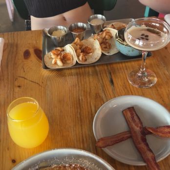 Punch Bowl Social - BUTTERMILK PANCAKES & STRAWBERRIES - VF, BACON - GF, and Shrimp Tacos - Gastropubs Near Me - Austin, Texas