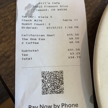 Bill's Cafe - Servers name at the top - Breakfast & Brunch Near Me - Fremont, California
