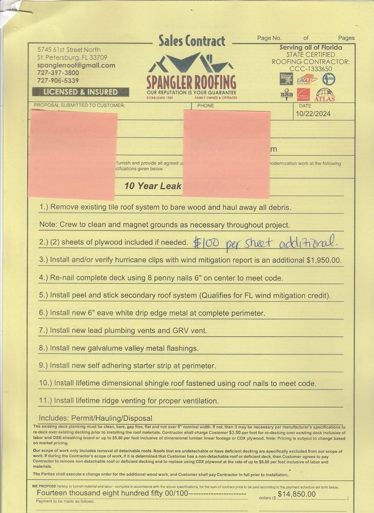 Slide of Spangler Roofing