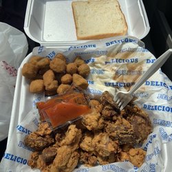 Maryland Fried Chicken - Chicken gizzards/ livers snack combo with fried okra and mashed potatoes.