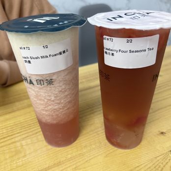 Fish Noodle House - Supreme peach macchiato and strawberry four seasons tea - Chinese Near Me - Staten Island, New York