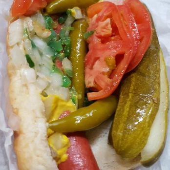Byron's Hot Dog - The $4 Chicago Dog: such a generous amount of toppings that it opened up the moment I unwrapped the packaging. - American Near Me - Chicago, Illinois