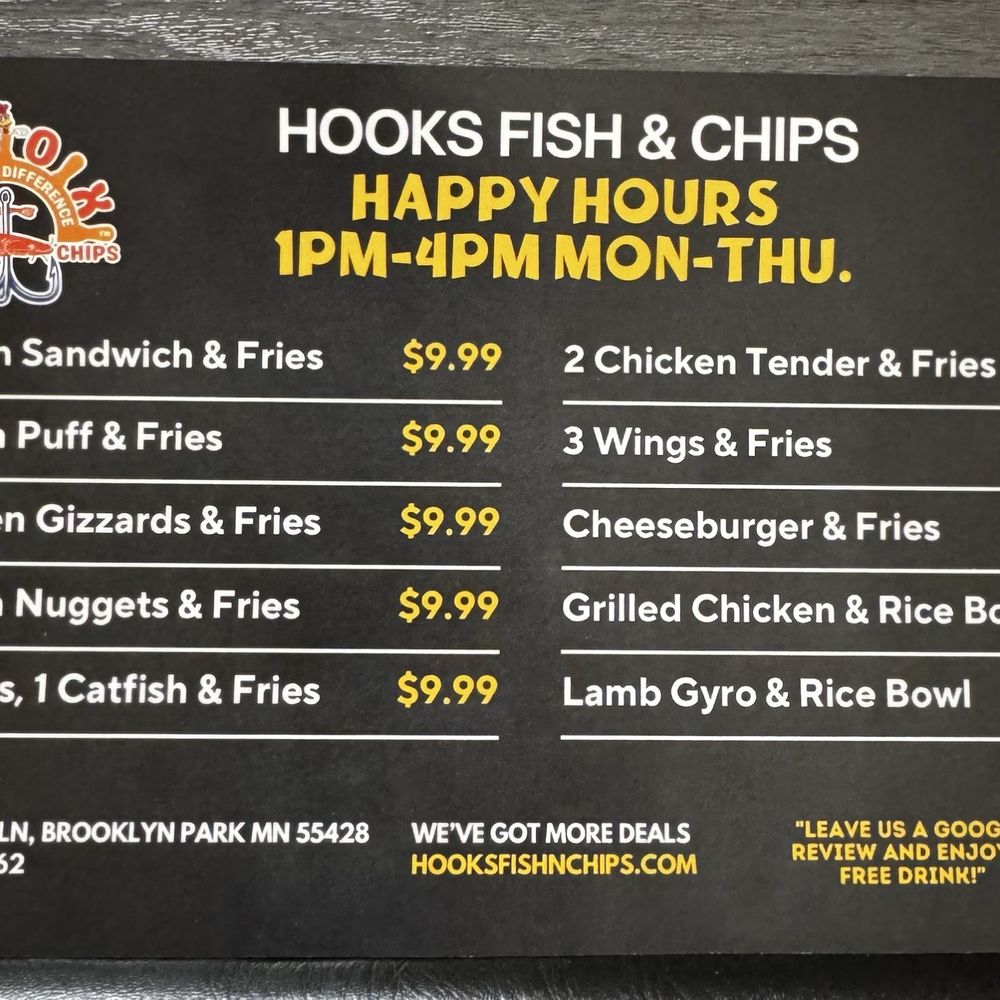 Hooks Fish and Chips - Deals and Specials - Fish & Chips Near Me - Brooklyn Park, Minnesota Hooks Fish and Chips - Deals and Specials - Fish & Chips Near Me - Brooklyn Park, Minnesota
